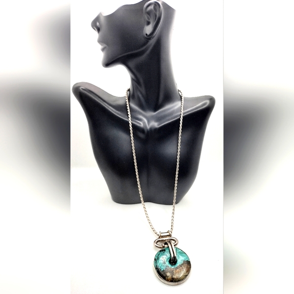 Native American Navajo AC Signed Turquoise Sterling Silver Necklace Pendant! WOW